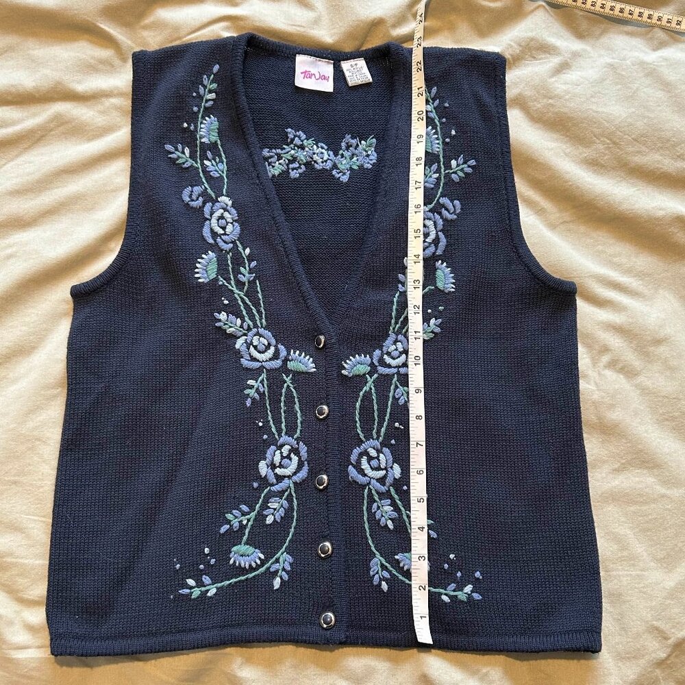 Vintage TanJay Knit Floral Embroidered Blue Sweater Vest - Small